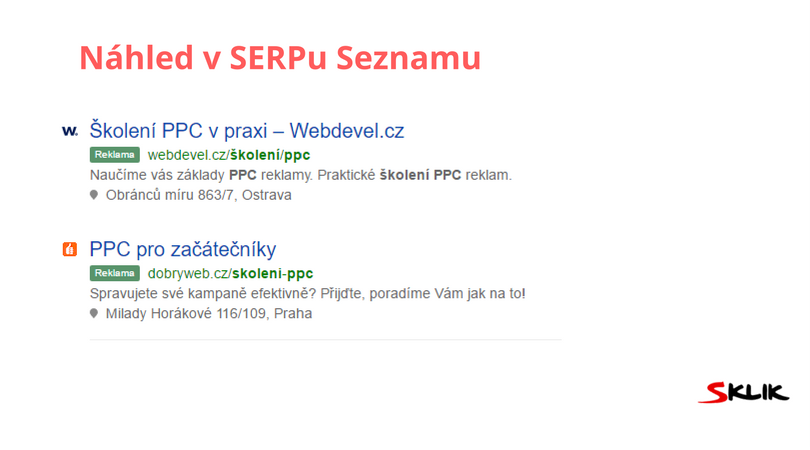 Náhled nových Sklik inzerátů v SERPu Seznamu