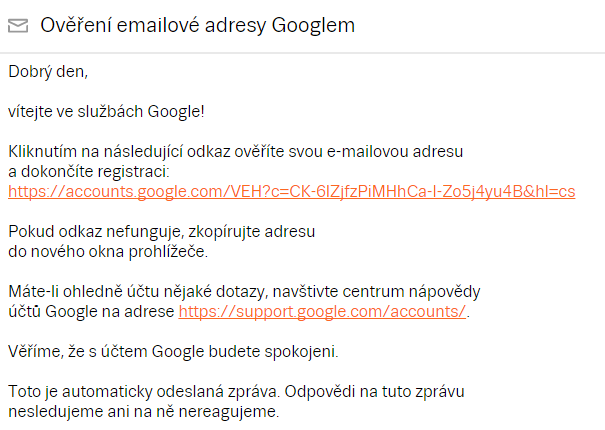 ověřovací e-mail Google