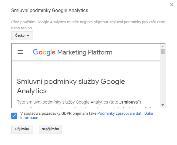 Smluvní podmínky služby Google Analytics