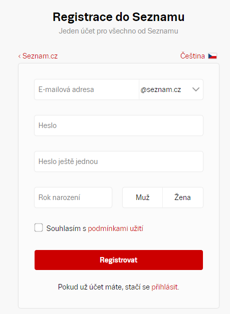 Registrace do Seznamu