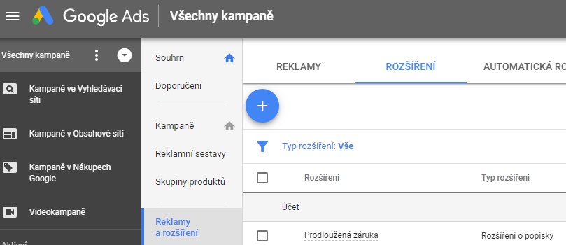 rozšíření google ads - menu