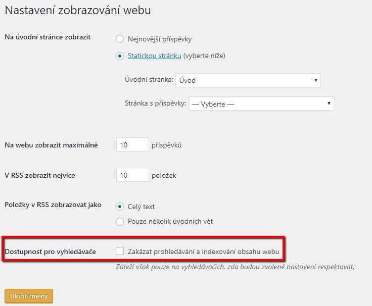 zapnutí indexace wordpress