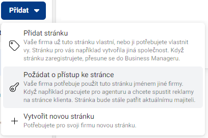 Přiřazení stránky do business manageru